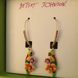 Betsey Johnson Gold Tone Rainbow Enamel Parrot & Flower Drop Earrings NIB